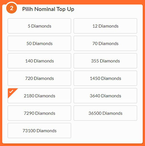 5. Pada menu Pilih Nominal Top Up sobat pilih 5 Diamonds untuk pembelian diamonds Free Fire 1000 rupiah