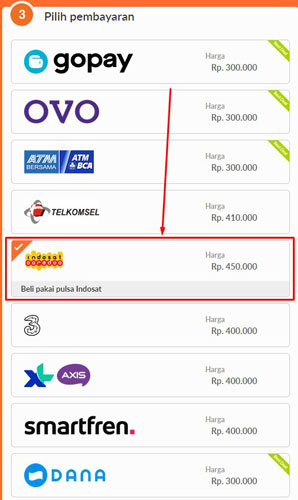 6. Pada menu Pilih Pembayaran silahkan pilih provider Indosat